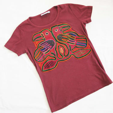 Vintage 90s Guna Mola Panama Toucan Bird Textile T Shirt M - 1992 Burgundy Red Colorful Embroidered Knit Cotton T Shirt 