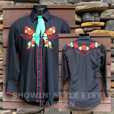 Karman Vintage Western Men's Cowboy & Rodeo Shirt, Embroidered Red Roses and Red Piping, 14.5-33, Approx. Small (see meas. photo) 