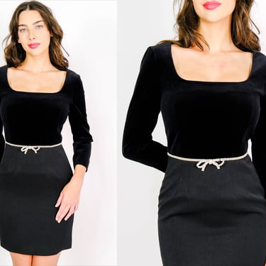 MIU MIU Black Silk Velvet & Wool Mini Sheath Dress w/ Rhinestone Bow Accent Waistline | Made in Italy | 1960s Style Italian Designer Dress 
