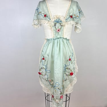 Vintage 20s Apron / 1920s Silk Maid Maiden Babydoll / Baby Blue Floral Embroidery Slip / 1980s Lingerie Pin Up Pinup Small Medium Large 