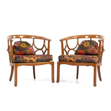 Billy Haines Mid Century Fruitwood Barrel Back Lounge Chairs - Pair - mcm 