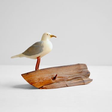 Antique Seagull Bird Figurine on Wood Base, Handmade Wax Seagull 