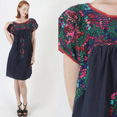 Authentic Navy Oaxacan Dress Mexican Hand Embroidered Sundress San Antonio Floral Quincenera Fiesta Dress 