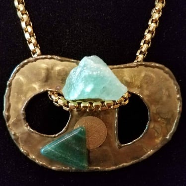 Brass plate and Calcite Stone with jade necklace reworked by Amanda Alarcon-Hunter designed for Minx and Onyx Vintage 