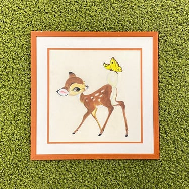 Vintage Bambi Drawing 1970s Retro Size 18x18 Colored Pencil + Fawn and Butterfly + Disney Style + Homemade + Wall Decor + Kid or Nursery Art 
