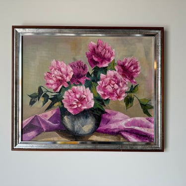 1970's Vintage Still Life Of Peonies In A Vase, Oil Painting, Signed 