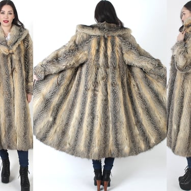 Full Length Coyote Fur Coat / Shaggy Real Fox Fur Jacket / Vintage Shawl Collar Chubby Long Overcoat 