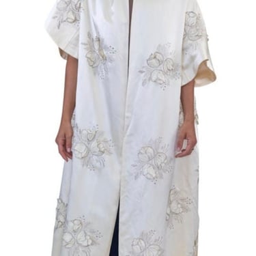 1950S Cream Silk Duchess Satin Oversized Opera Coat With 3D Metallic Floral Embroidery 