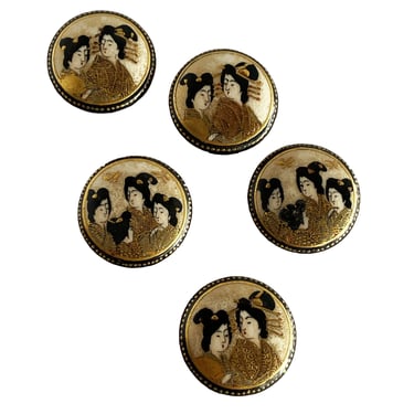 Late Meiji Era Hand Painted Geisha Satsuma Button Set of 5 