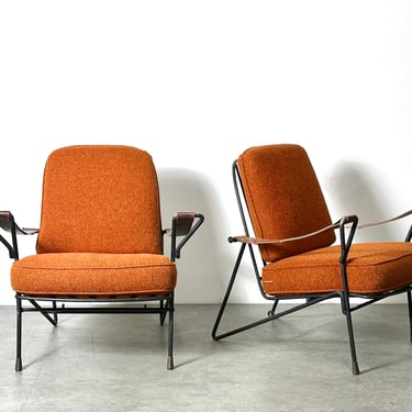 A Pair of Vintage Mid Century Mexican Modern Iron Leather Lounge Chairs 1950s 