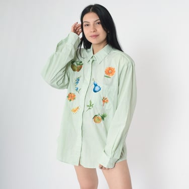 Vintage Embroidered Fruit Blouse 90s Green Floral Striped Rhinestone Top Button Up Shirt Long Sleeve Collared 1990s Oversize Large L 