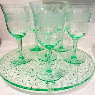 1920s - 7 Piece Fostoria Uranium Glass 10 oz Etched Wine Glasses with Floral Platter by LeChalet