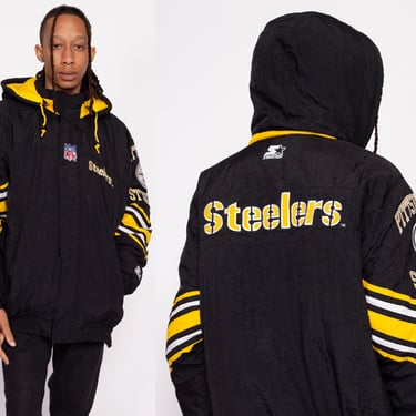 90s Pittsburgh Steelers Starter Jacket - Men's XL | Vintage Oversize NFL Football Hooded Puffy Winter Coat 