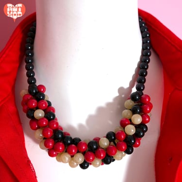Unique Vintage 60s Red Black Off-White Beaded Cluster Short Statement Necklace 