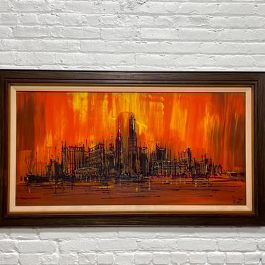 Large Mid Century Modern Skyline Wall Art – Framed Acrylic Painting by Stuart for Vanguard Studios 
