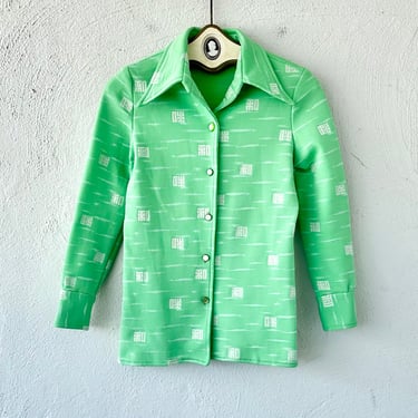 Vintage 70s Dagger Collare Bright Knit Shirt 1970s Mint Green Jacket Women’s Top 