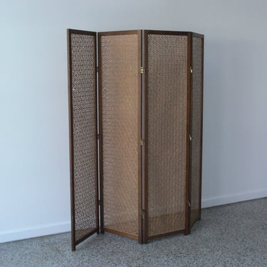 Mid Century Hand Craved Decorative Teak and Wicker 4-Panel Folding Screen // Room Divider 