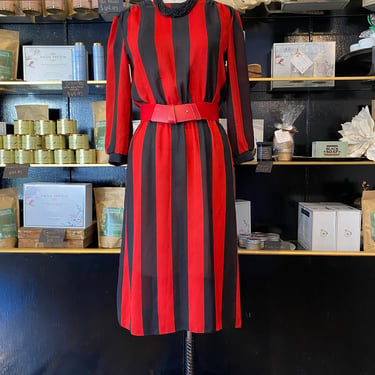 1980s striped dress, red and black, vintage 80s dress, puff shoulders, blouson, dawn joy, small, Beetlejuice, gothic, secretary, bold stripe 