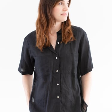 Vintage Black Short Sleeve Linen Shirt | Unisex Shell Button Simple Work Blouse | Made in USA | S | 