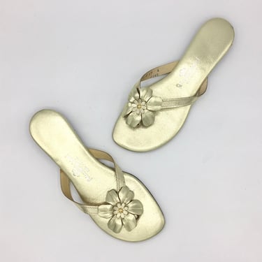 Vintage 1970s Metallic Gold Sandals, 70s Fancy Princess Kaiulani Leather Shoes Made in Hawaii, Tiki Oasis, Size 6 US 