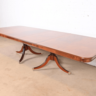 Baker Furniture Style Georgian Banded Flame Mahogany Double Pedestal Extension Dining Table, Newly Refinished