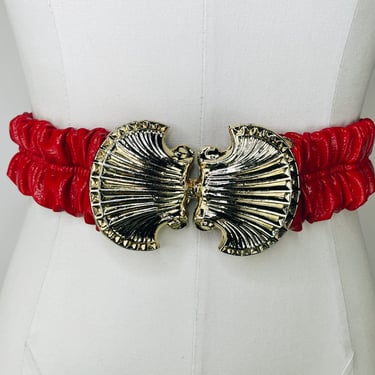 1980's Red Scrunchy Patent PVC Belt w Gold Seashell Clasp XS/S 24-31" | Mermaid, Ocean, Novelty, Costume, Rave, Festival, Party 