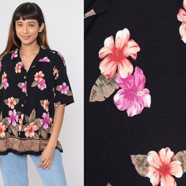 Tropical Floral Top 90s Black Rayon Hawaiian Hibiscus Button Up Blouse Surfer Vacation Shirt Short Sleeve Retro Vintage 1990s Extra Large xl 