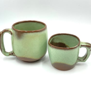Frankoma Pottery Plainsman Green Coffee Mugs, Large "Grandmug" 4M, Flat Cup Mug 5M, Sold as Set of 2, Vintage Prairie Green Cups, Dinnerware 