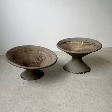 PAIR OF GRAY FIBER CEMENT OFF-KILTER PLANTERS BY WILLY GUHL, 60's