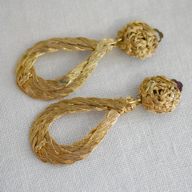 1960s Braided Gold Wire Teardrop Clip Earrings 