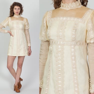 70s Sheer Chiffon Juliet Sleeve Mini Dress, As Is - Small | Vintage Cream Victorian Crochet Satin Lace Boho Dress 