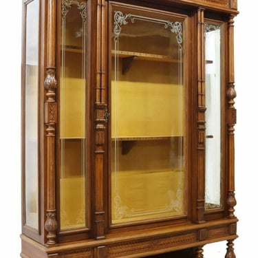Antique Bookcase, Etched Glass French Henri II Style, Walnut, 1800's, Handsome