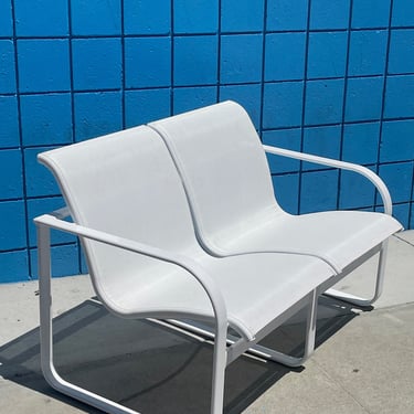 Brown Jordan Quantum Settee / 2 Seater White Aluminum and Mesh Outdoor Sofa 