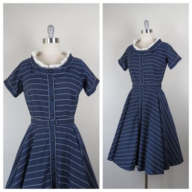 Vintage 1950s striped dress, cotton, fit and flare, full skirt, blue and white, size medium 