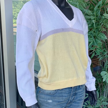 CLAUDE MONTANA Vintage Colorblock V Neck 100% Cotton Knit Sweater - Yellow - M/L 