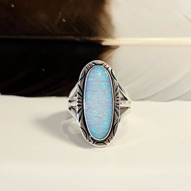 IRIDESCENT OVAL Sterling Silver and Opal Ring | Lab Created Synthetic Opal | Native American Navajo Southwestern Jewelry | Size 8 