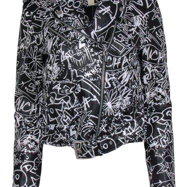 Michael Kors - Black & White Graffiti Leather Moto Jacket Sz M