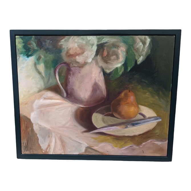COMING SOON - Late 20th Century Still Life with Pear and Bouquet Painting, Framed
