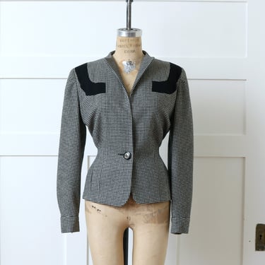vintage 1940s houndstooth wool blazer • black & white nipped waist strong shoulder jacket 