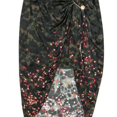 Mother of Pearl - Camo Floral Midi Skirt w/ Pearl Brooch Sz 14