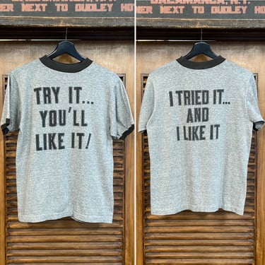 Vintage 1960’s Tri-Blend “Try It… You’ll Like It!” Ringer Pop Art 2-Sided T-Shirt, 60’s Tee Shirt, Vintage Clothing 