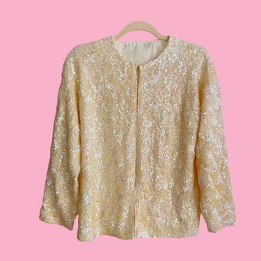 Vintage 60s Gold Sequin Cardigan, Beaded Wool Sweater Large 