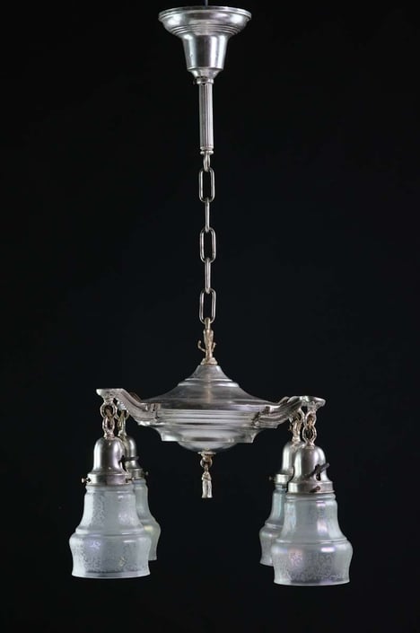 1920s Silver Plated Brass 4 Arm Iridescent Shades Chandelier