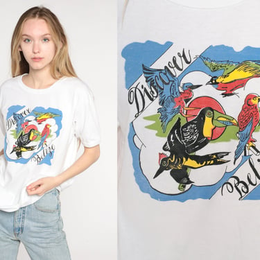 Belize TShirt 80s White Discover Belize Shirt Vintage Toucan Bird T Shirt Travel Tee Graphic Tropical Parrot Tourist 1980s Medium Large 