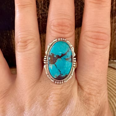 BOLD BLUE NAVAJO Kingman Turquoise and Sterling Silver Ring | Norvin Johnson, N J hallmark | Navajo Native American Southwestern | Size 7 