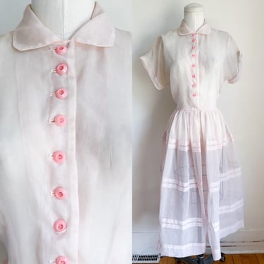 Vintage 1950s Pale Pink Chiffon Dress / M 