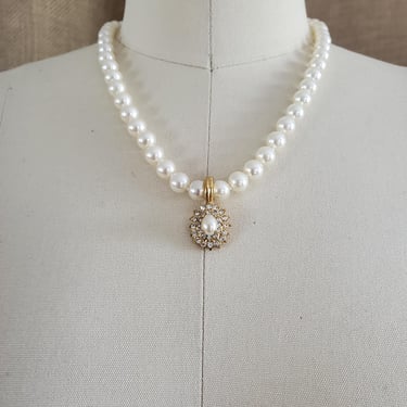 NOS 1980s Faux Pearl Necklace with Removable CZ Pendant, Still in Box - 80s Jewelry - Estate Jewelry - Vintage Costume Jewelry 
