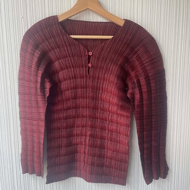 Issey Miyake white label red pleated henley top 