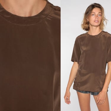 Brown Silk Blouse 80s Plain Shirt SILKY Top Short Sleeve Blouse Vintage 90s Minimalist Top Simple Classic 1980s 1990s Earth Tone 4 Small S 