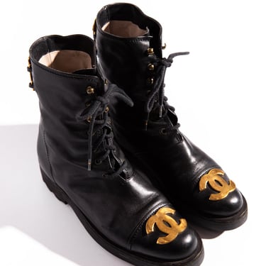 CHANEL Fall/Winter 1992 Runway RARE Black Chanel Combat Boots
